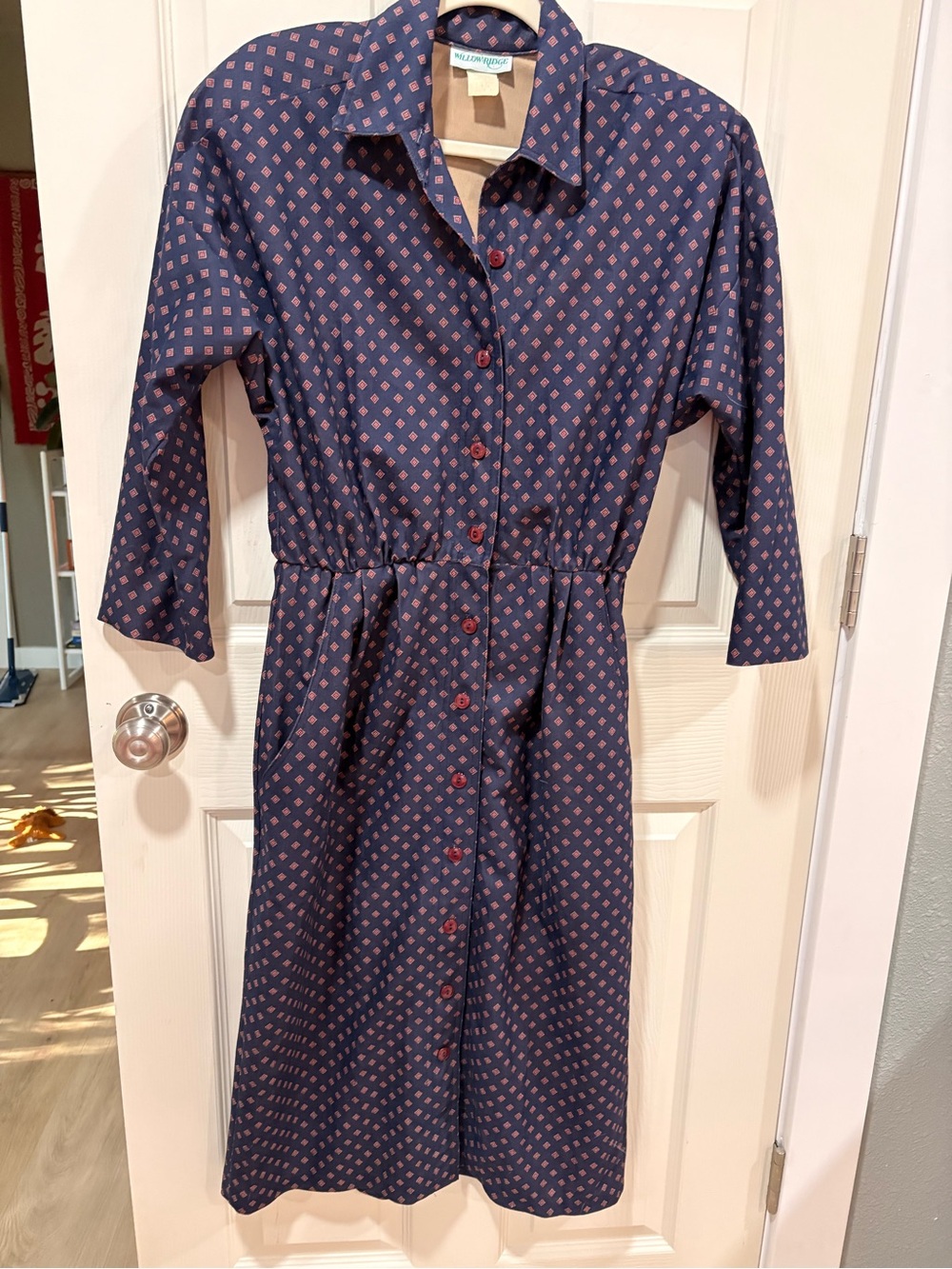 Vintage Winter Navy and Pink Button-Front Shirt Dress
